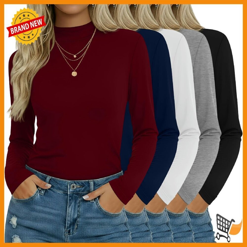 Women's Slim Fit Mock Turtleneck Thermal Tees 5-Pack Long Sleeve Base Layer